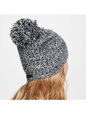Rebecca Minkoff Marled Knit Beanie Pom Pom Hat Gray Black One Size